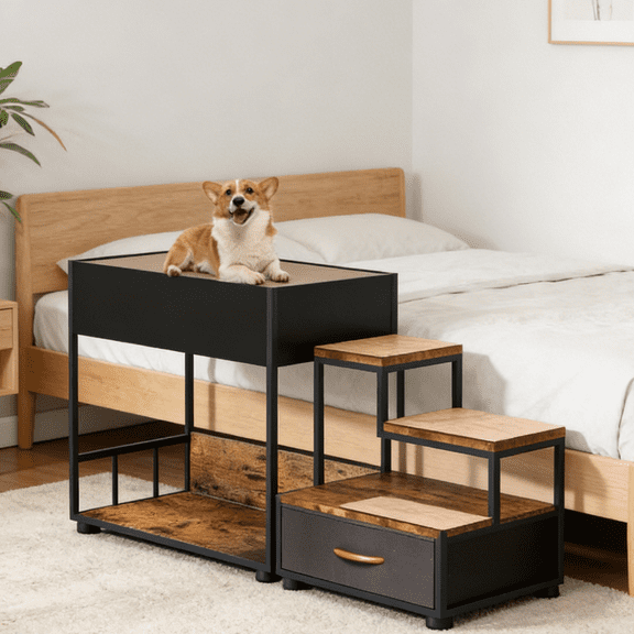 Vintage Multi-Level Pet Window Perch & Elevated Bunk Bed with Non-Slip Pad & Storage