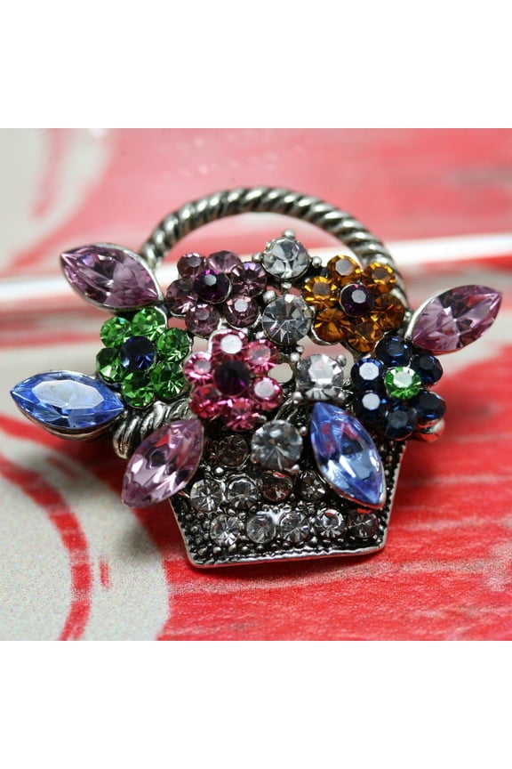 Vintage Multi Rhinestone Spring Mother's Day Easter Bouquet Flower Basket Pin Brooch