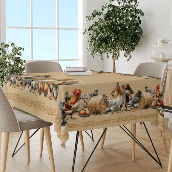 Vintage Multi-Rooster Beige Rectangle Tablecloth, Summer Countryside Printed Cover, Stain Resistant Practical Cloth for Home & Holiday Gatherings
