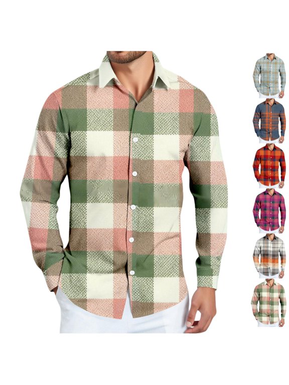 Vintage Multi-Tone Plaid Shirt for Men Soft Skin-Friendly Long Sleeve Lapel Button Up Top, Classic Color Block Check Shirt