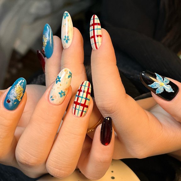 Vintage Multicolor Press on Nails Medium Almond Fake Nails Floral Plaid Grid Ombre Designs Rhinestone Accent Full Cover Adhesive Press Ons Glossy Acrylic False Nails Nail Tips for Women 24 Pcs