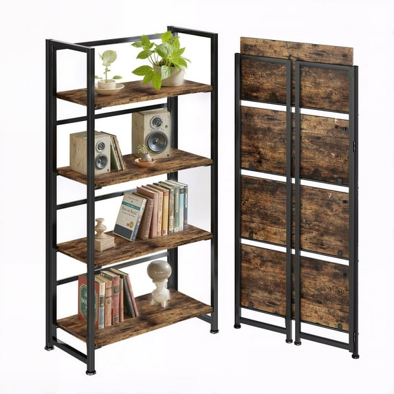 Vintage Multifunctional Bookcase Folding Bookshelf, No-Assembly Plant Stand Storage Rack Shelves for Home Office (Black, 4-Tier)