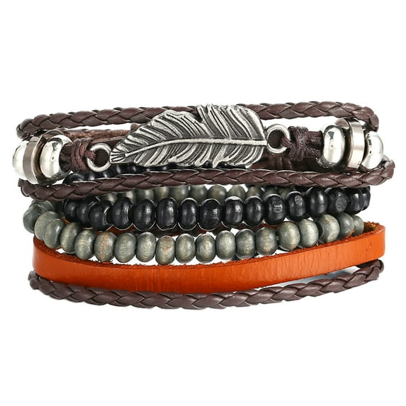 Vintage Multilayer Leather Men Fashion Braided Bracelet wood beads leather