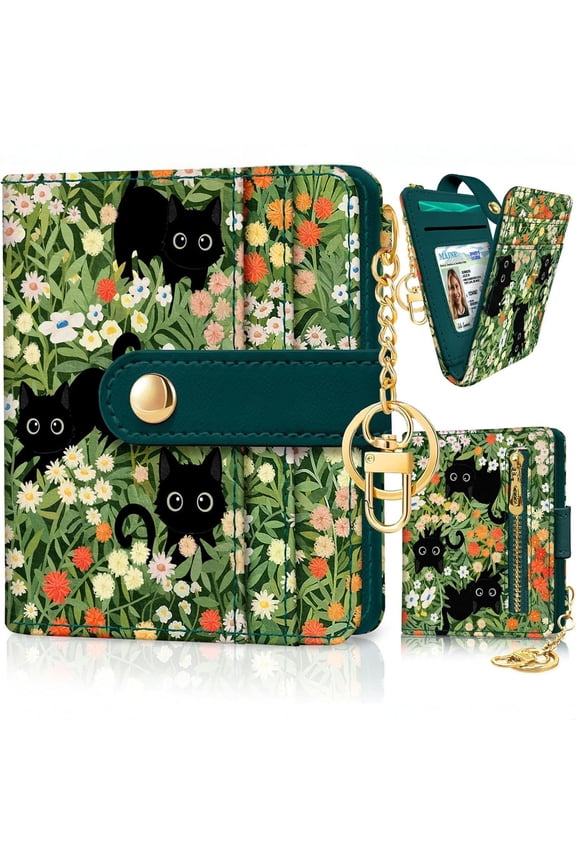 Vintage with Multiple Black Cats Pattern Women's Wallet,RFID Blocking, Multi-compartment with Coin Pocket and Keychain, Lightweight and Stylish for or Female Ladies Teen Girls Girly Everyday Use