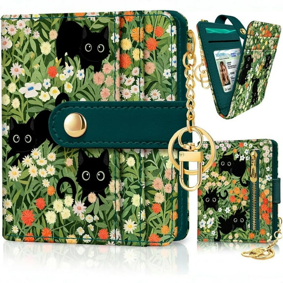 Vintage with Multiple Black Cats Pattern Women's Wallet,RFID Blocking, Multi-compartment with Coin Pocket and Keychain, Lightweight and Stylish for or Female Ladies Teen Girls Girly Everyday Use