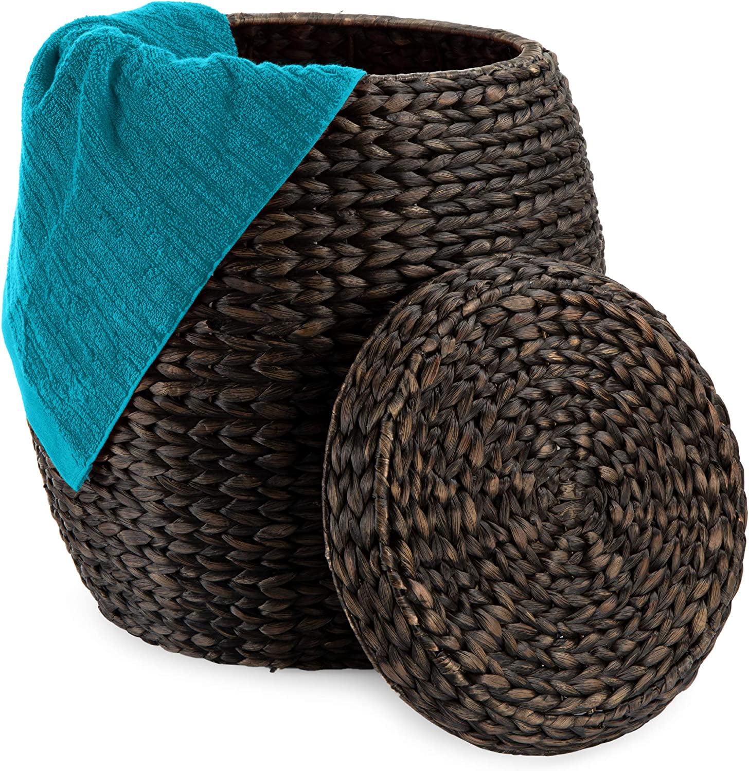 Brown Handwoven Hyacinth Round Storage Basket with Lid