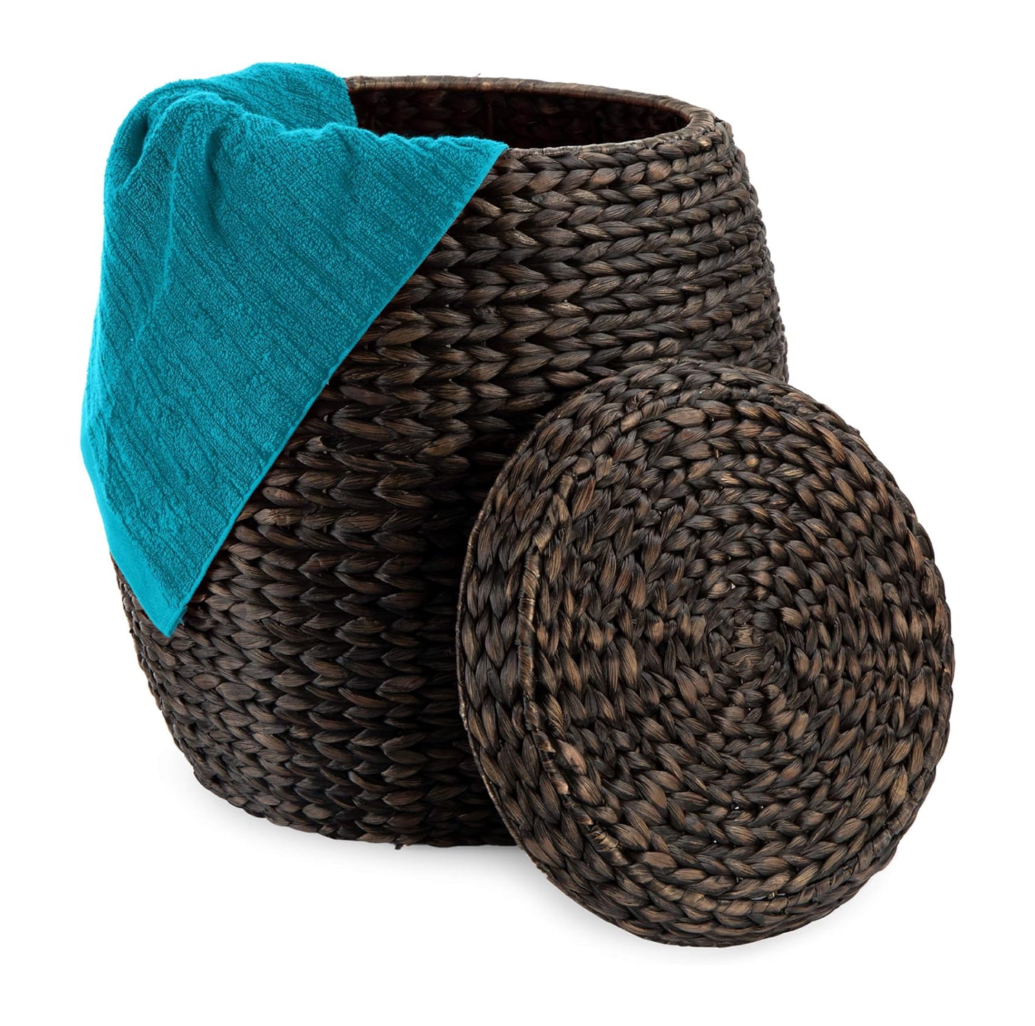 Brown Handwoven Hyacinth Round Storage Basket with Lid