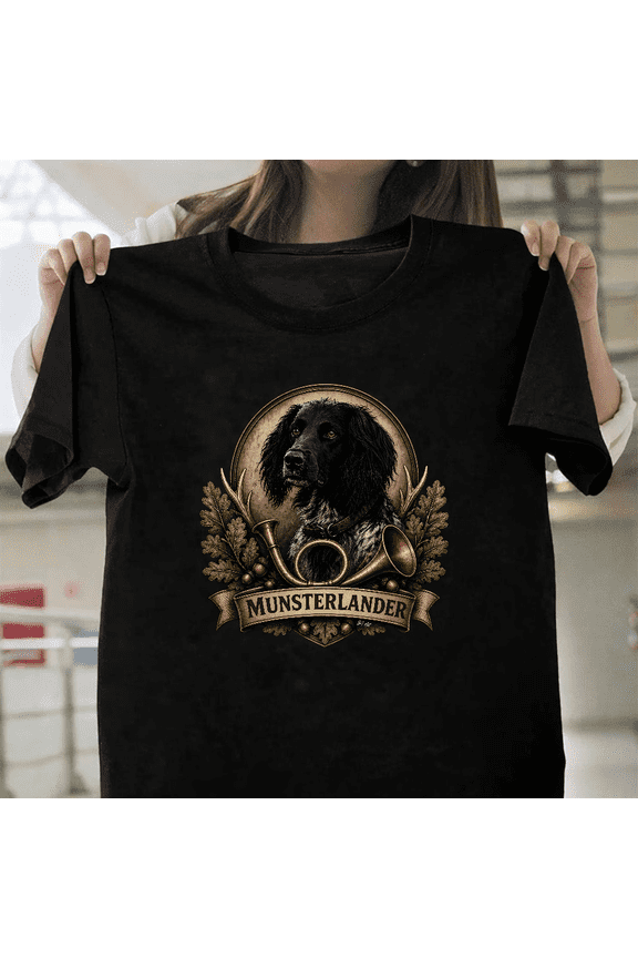 Vintage Munsterlander Dog Portrait Hunting Horns Oak Leaves H3485 Unisex T-Shirt, up to size 3XL.