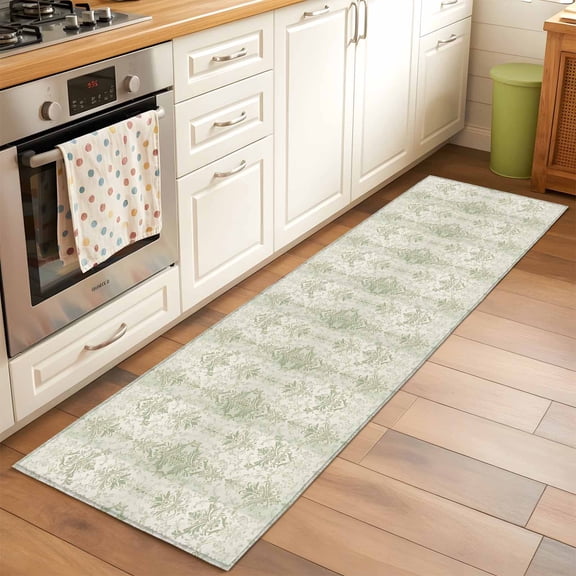 Vintage Mural 2x6 Runner Rug for Hallway Walkway Kitchen Galley, Green Medieval Turkish Pattern Low Pile Washable Non Slip Long Area Rug