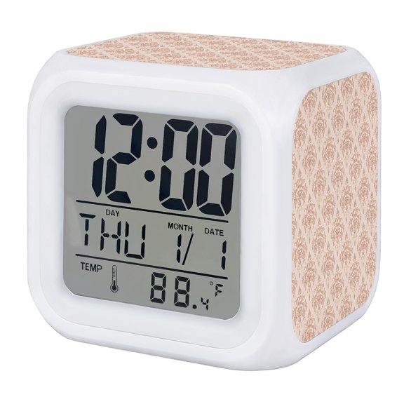 Vintage Mural Alarm Clock, Medieval Pink Turkish Pattern Digital Clock Night Light with 7 Color, Calendar Temperature Display, LED Desk Small Clock for Bedrooms Bedside Living Room