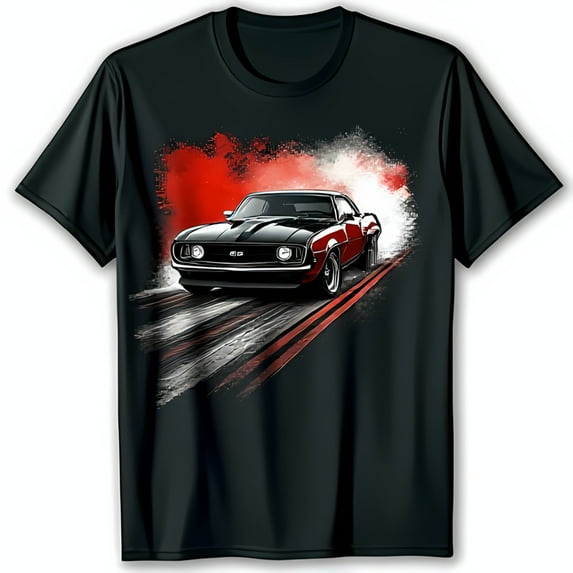 Vintage Muscle Car Black T-Shirt with Red & White Design Racing Track Graphic