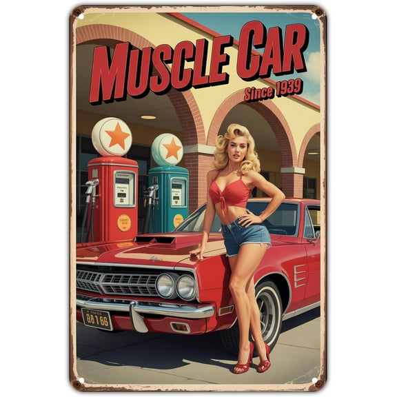Vintage Muscle Car Pinup Girl Tin Sign Metal Wall Art for Garden Yard Bar Porch Home Bedroom Kitchen Decor 8 x 12 Inch