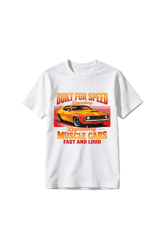 Vintage Muscle Car T-Shirt for Men, Retro 70s Orange Classic Car Graphic Tee, Built for Speed Legendary Muscle Cars Design, Short Sleeve Cotton Top for Gearheads and Racing Fans, White