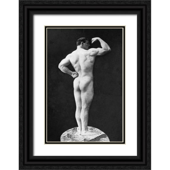 Vintage Muscle Men 23x32 Black Ornate Wood Framed with Double Matting Museum Art Print Titled - Statuesque Back and Arm Curl