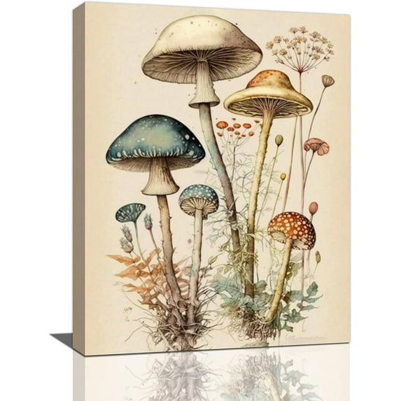 Vintage Mushroom Botanical Wall Art Mushroom Kitchen Decor Canvas Prints Painting Rustic Country Fungus Pictures Framed Artwork Office Home Decoration for Dining Living Room Bedroom Bathroom 12"x16"