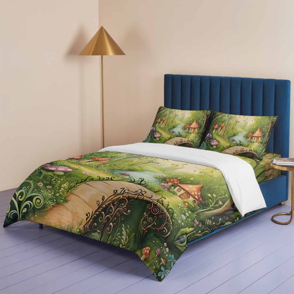 Vintage Mushroom Cottage Forest Queen Size Bed Set,Fairy Tale World Bedding for All Seasons,4 Pcs Bed Set,1 Quiltcover (90"x90"),1 Sheet (90"x102"),2 Pillowcases (20"x30")