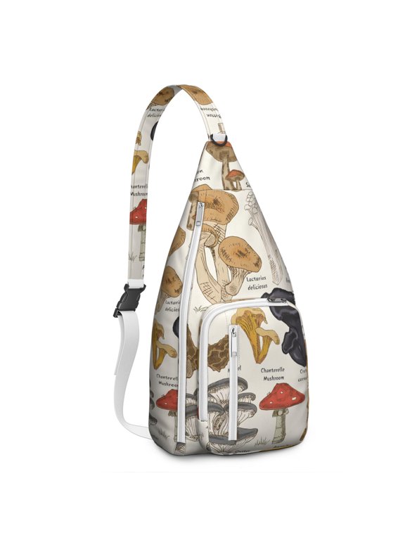 Vintage Mushroom Crossbody Sling Bag – Cute Botanical Fungi Travel Backpack – Lightweight Daypack for Students, Witchy Aesthetic, and Outdoor Activities