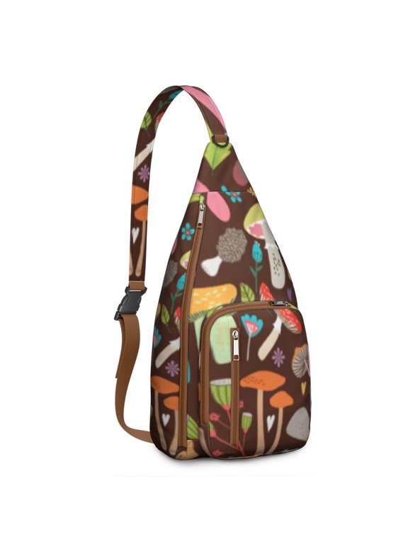 Vintage Mushroom Crossbody Sling Bag – Cute Botanical Fungi Travel Backpack – Lightweight Daypack for Students, Witchy Aesthetic, and Outdoor Activities