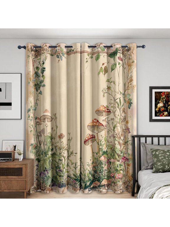 Vintage Mushroom Curtains, Natural Botanical Blackout Curtains For Bedroom Living Room Home Decor, Toadstool Green Leaf Patterned Grommet Drapes-38"W x 45"L (Pack of 2)