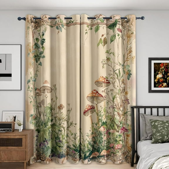 Vintage Mushroom Curtains, Natural Botanical Blackout Curtains For Bedroom Living Room Home Decor, Toadstool Green Leaf Patterned Grommet Drapes-42"W x 84"L (Pack of 2)