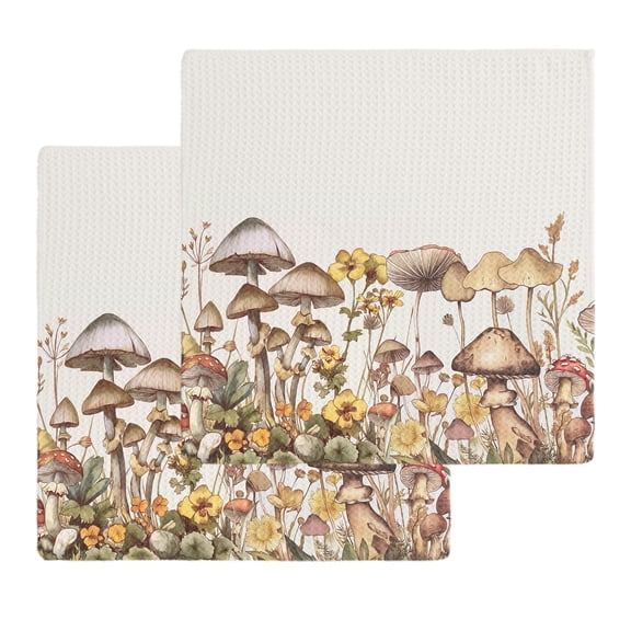 Vintage Mushroom Dish Towels Set, Waffle Weave Kitchen Towels 2 Pieces, Farmhouse Summer Botanical Floral Microfiber Hair Face Bath Tea Towel Absorbent Quick Drying Cleaning Dish Cloths, 12"x12"