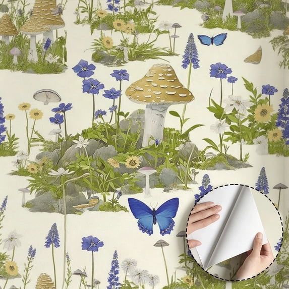 Vintage Mushroom Floral Butterfly Wallpaper, Boho Rustic Style, Self adhesive and removable, waterproof, Wall Decoration for Living Room, Bedroom, Kitchen Cabinet, Shelf, 17.7 * 118 in