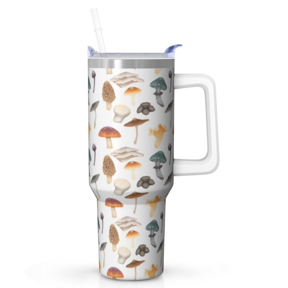 Vintage Mushroom Insulated Tumbler with Handle Lid Straw, Woodland Fairy Tale Mushrooms Stainless Steel Travel Mug Cup, Cottagecore Boho Fungi Gift for Women Men Travelers
