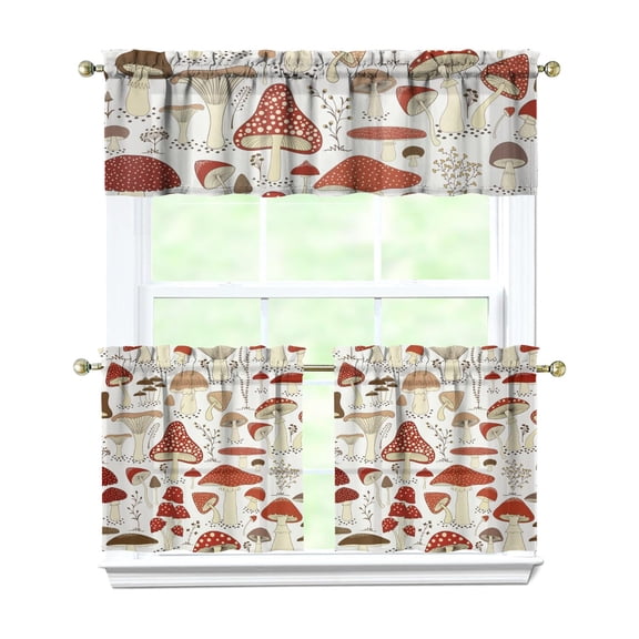Vintage Mushroom Kitchen Curtains Set, Botanical Mushroom and Fairy Tale Mushroom Rod Pocket Tier and Valance, Machine Washable, Energy Efficient