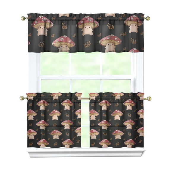 Vintage Mushroom Kitchen Curtains Set, Botanical Mushroom and Fairy Tale Mushroom Rod Pocket Tier and Valance, Machine Washable, Energy Efficient