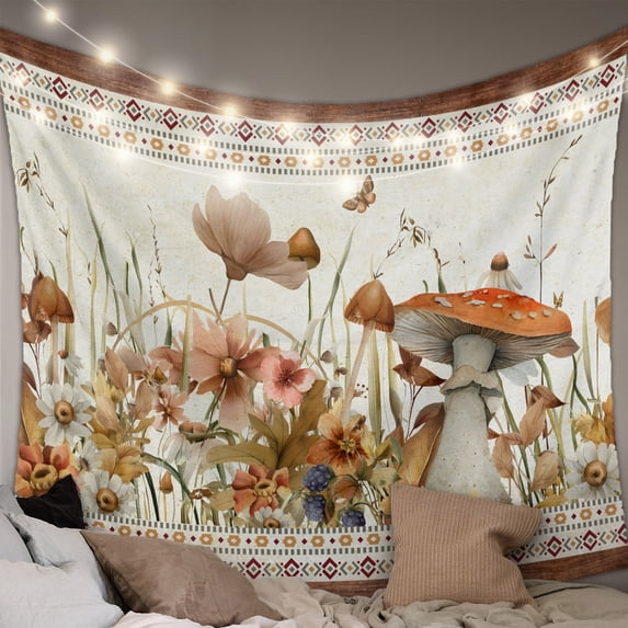 Vintage Mushroom Large Tapestry for Bedroom Wall Hanging Tapestry,Spring Floral Retro Art Pastoral Botanical Ceiling Backdrop Tapestries Poster Blanket Wall Decor for Living Room 100" x 59"