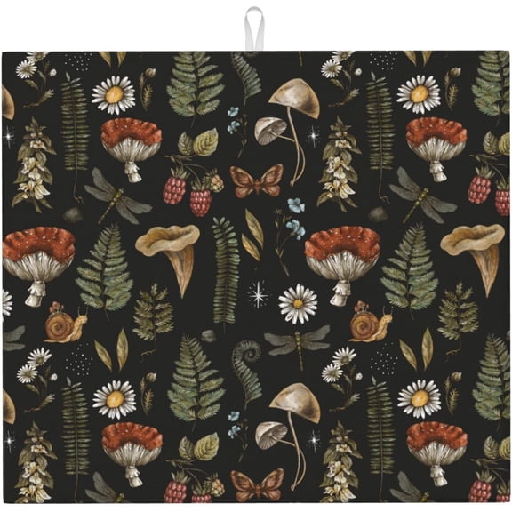 Vintage Mushroom Leaf Forest Drying Mat for Kitchen Absorbent Microfiber Large 18x24 Inch A01