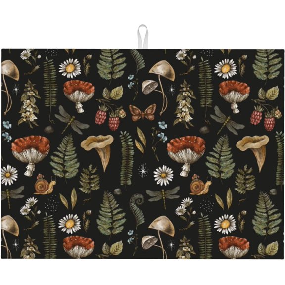 Vintage Mushroom Leaf Forest Drying Mat for Kitchen Absorbent Microfiber Large 18x24 Inch A01