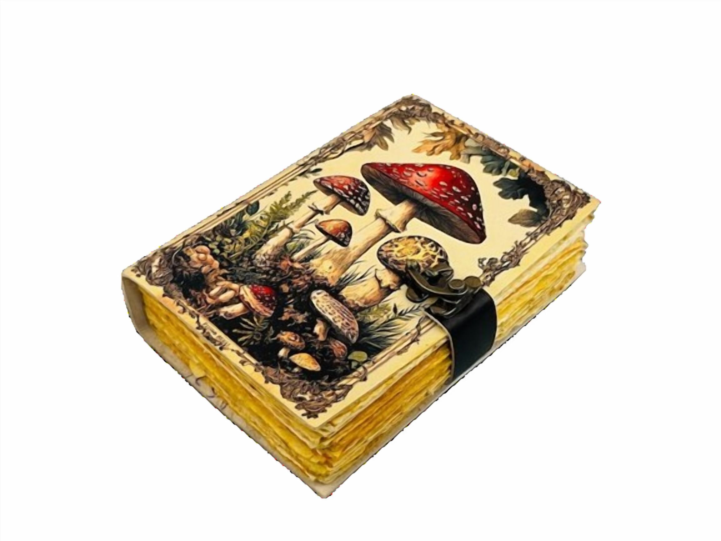 Vintage Mushroom Leather Journal, 5x7 Inch Handmade Notebook with Amanita Artwork, 200 Eco-Friendly Handmade Paper Pages, Antique Locking Diary for Writing & Sketching