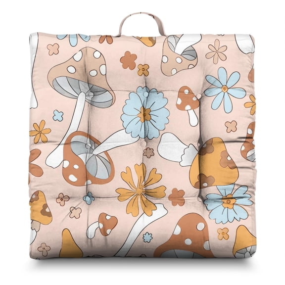 Vintage Mushroom Meditation Cushion - Oversized Square Floor Pillow, Magical Forest Mushrooms Print, Thick & Fluffy Zabuton for Cross-Legged Sitting, Boho Home Decor