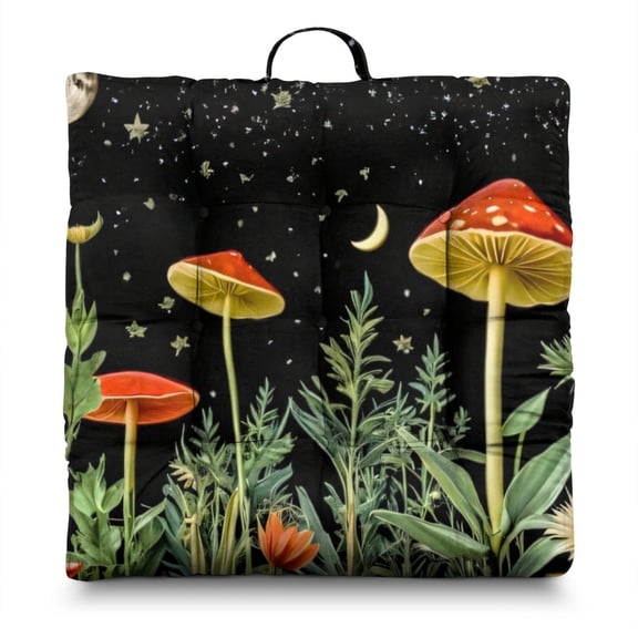 Vintage Mushroom Meditation Cushion - Oversized Square Floor Pillow, Magical Forest Mushrooms Print, Thick & Fluffy Zabuton for Cross-Legged Sitting, Boho Home Decor