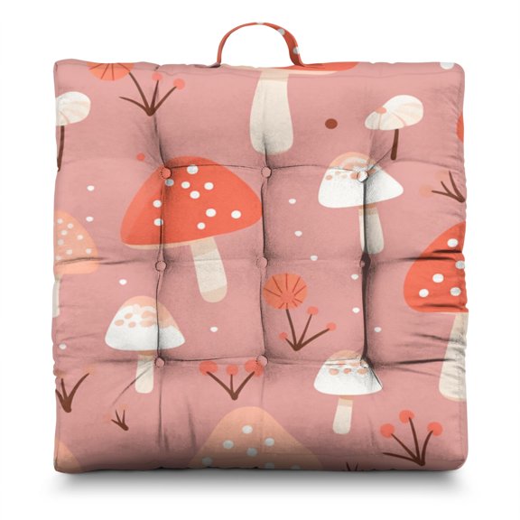Vintage Mushroom Meditation Cushion - Oversized Square Floor Pillow, Magical Forest Mushrooms Print, Thick & Fluffy Zabuton for Cross-Legged Sitting, Boho Home Decor