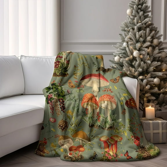 Vintage Mushroom Print Allergy-Friendly Blanket Luxurious Sage Green Vintage Mushroom & Wildflower Cabin Print Plush Throw Blanket Allergy-Friendly Soft & Warm for Couch Bed