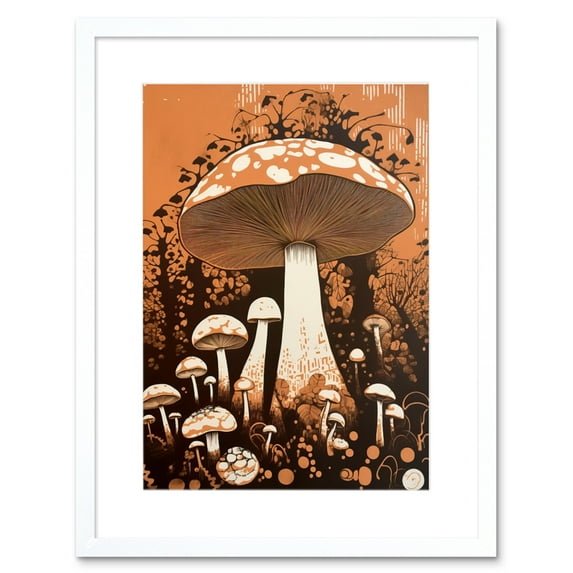 Vintage Mushroom Red Cap Fungi Pastel Orange Brown Earthy Aesthetic Kitchen Artwork Framed Wall Art Print 9X7 Inch