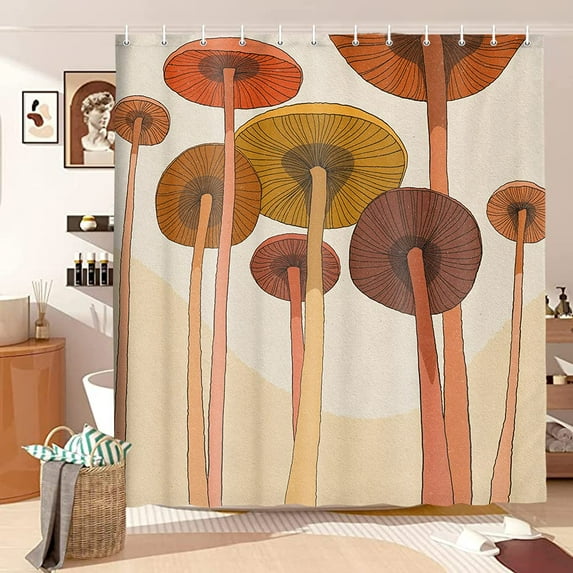 Vintage Mushroom Shower Curtain for Bathroom, Cute Morden Abstract Art Boho Shower Curtains, 60S Retro Funny Nature Plant Mid Century Fabric Bath Curtain Morden Bathroom Accessories, 70X70IN