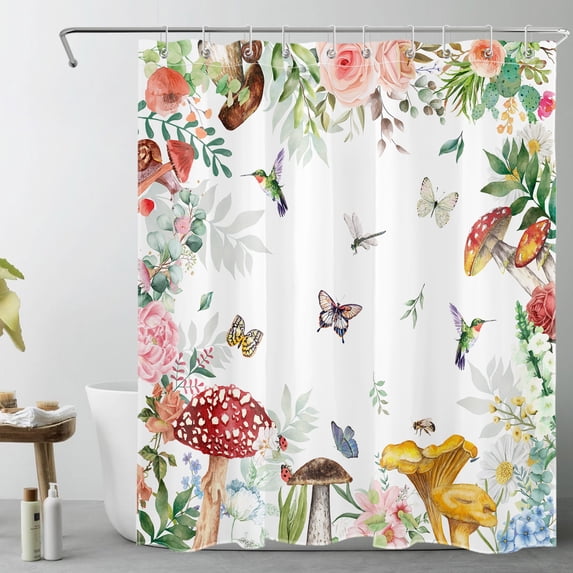 Vintage Mushroom Shower Curtain for Bathroom,Hummingbird Pink Floral and Green Leaf on White Background Fabric Shower Curtain with Hooks,Country Botanical Bathroom Curtains Shower Set, 60x72 inches
