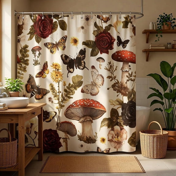 Vintage Mushroom Shower Curtain, Rustic Farmhouse Boho Floral Butterfly Goth Rose Botanical Plants Beige Fairy Witchy Shower Curtains for Bathroom with 12 Hooks 72X72Inches