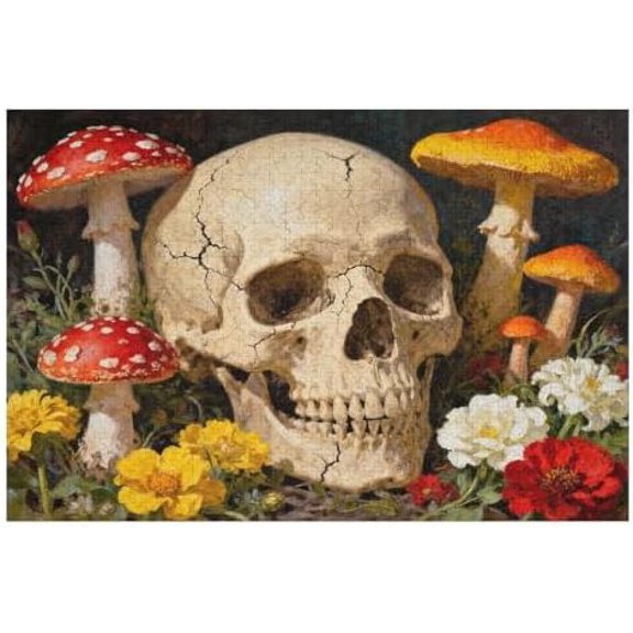 Vintage Mushroom Skull Puzzle for Adults 500 Pieces, Horror Forest Jigsaw Puzzle with Skeleton and Wildflowers, Gothic Retro Art Puzzle, Unique Halloween Decor, 20.5x15 in