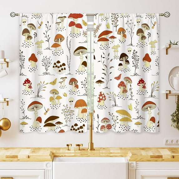 Vintage Mushroom Small Kitchen Curtains Botanical Window Treatment Cottagecore Autumn Leaves Cafe Short Curtains for Bathroom Dining Laundry Room Butterfly Tier Treatment Drapes 27.5x39 inch