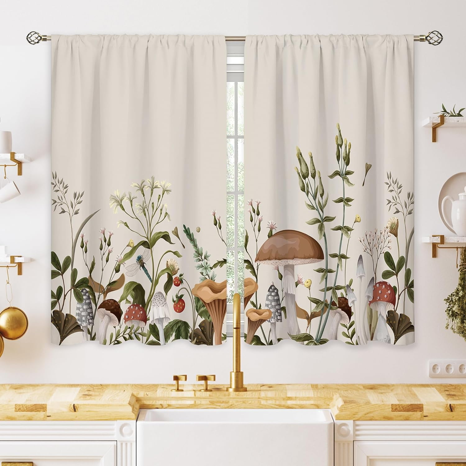 Vintage Mushroom Small Kitchen Curtains Leaves Botanical Window ...