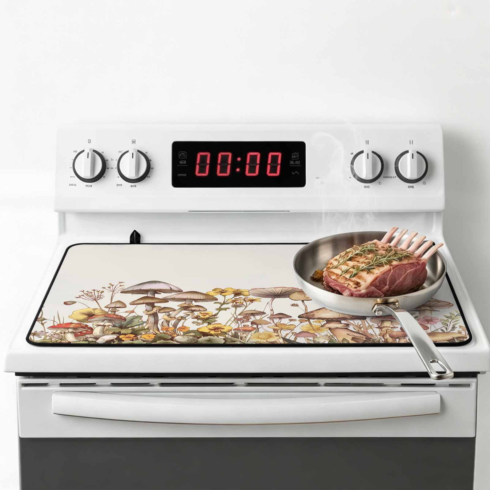 Vintage Mushroom Stove Top Cover for Electric Stove, Heat-proof & Non Slip Glass Top Stove Cover Protector, Farmhouse Summer Botanical Floral Kitchen Flat Cooktop Rubber Mat 28.5x20.5 Inches
