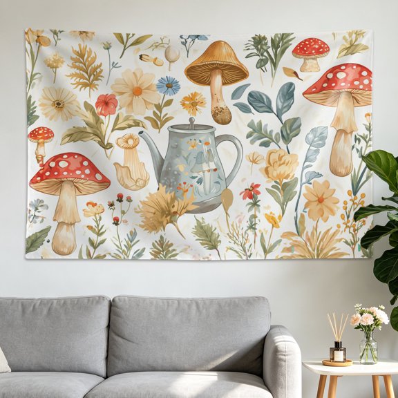 Vintage Mushroom Teapot Floral Botanical Wall tapestry,Large size Printed Horizontal Tapestry blanket,Polyester Fabric Wall Hanging for living room,bedroom,No Installation Required,Indoor,Outdoor,Gif