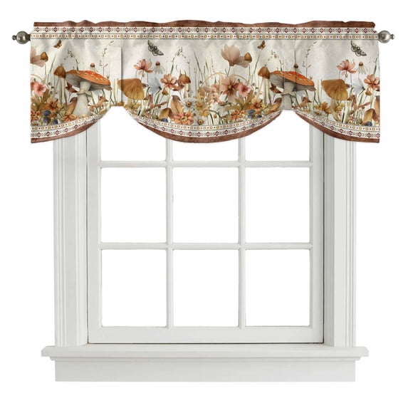 Vintage Mushroom Tie Up Valance Curtains for Windows, Kitchen Curtains Window Treatments, Spring Floral Retro Art Pastoral Botanical Short Window Shades Valances for Bedroom Bathroom Cafe 54"x18"