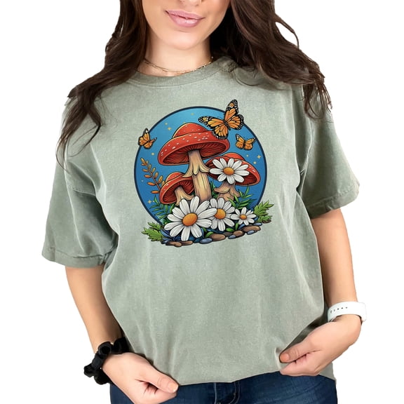 Vintage Mushroom and Butterfly Graphic Tee, Nature Inspired Daisies and Fungi Shirt, Whimsical Forest Scene T-Shirt, Moss Comfort Colors T-Shirt, XL