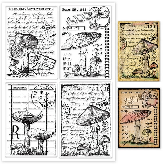 Vintage Mushrooms Background Clear Stamps Retro Postcard Words Silicone Clear Stamp Seals for Cards Making DIY Scrapbooking Photo Journal Album Decoration 21x14cm