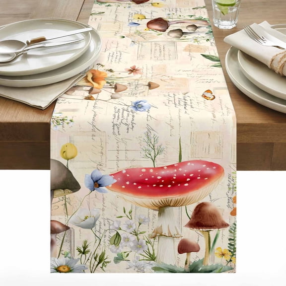 Vintage Mushrooms Cotton Linen Table Runner Spring Flowers Plants Letter Background Dining Table Runners for Home Decor Party Dining Room Restaurant Kitchen 13" x 36"